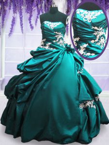 Teal Quinceanera Dresses Military Ball and Sweet 16 and Quinceanera and For with Appliques and Pick Ups Strapless Sleeveless Lace Up