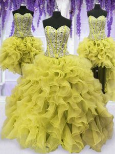 Elegant Four Piece Sweetheart Sleeveless Vestidos de Quinceanera Floor Length Beading and Ruffles Light Yellow Organza