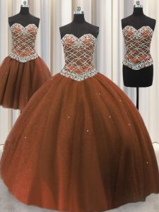 Three Piece Floor Length Lace Up Quinceanera Gowns Brown for Military Ball and Sweet 16 and Quinceanera with Beading and Sequins