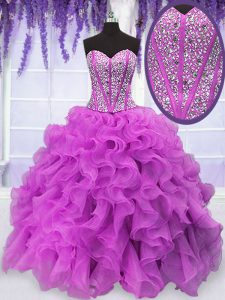 Simple Organza Sweetheart Sleeveless Lace Up Beading and Ruffles Quinceanera Dress in Fuchsia