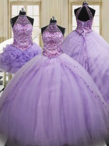 Decent Three Piece Halter Top Lavender Sleeveless Brush Train Sequins Sweet 16 Dresses