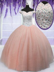 Peach Off The Shoulder Lace Up Beading Quince Ball Gowns Short Sleeves