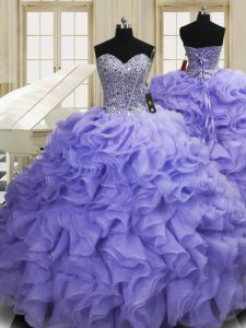 Sweetheart Sleeveless Organza Quince Ball Gowns Beading and Ruffles Sweep Train Lace Up