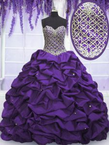 Eggplant Purple Ball Gowns Taffeta Sweetheart Sleeveless Beading and Sequins and Pick Ups Floor Length Lace Up Quinceanera Dresses