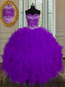 Nice Eggplant Purple Sweetheart Neckline Beading and Ruffles Quinceanera Dress Sleeveless Lace Up