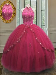 Nice Halter Top Sleeveless Lace Up Floor Length Beading and Appliques Quinceanera Gowns