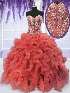 Coral Red 15th Birthday Dress Military Ball and Sweet 16 and Quinceanera and For with Beading and Ruffles Sweetheart Sleeveless Lace Up
