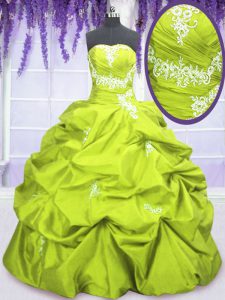 Yellow Green Ball Gowns Taffeta Strapless Sleeveless Appliques and Pick Ups Floor Length Lace Up Quinceanera Gowns