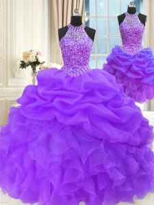 Three Piece Floor Length Lace Up 15th Birthday Dress Eggplant Purple for Military Ball and Sweet 16 and Quinceanera with Beading and Pick Ups