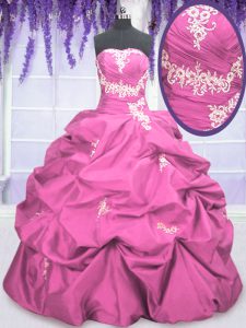 Custom Designed Rose Pink Taffeta Lace Up Dama Dress Sleeveless Floor Length Appliques and Pick Ups