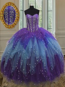 Wonderful Multi-color Ball Gowns Sweetheart Sleeveless Tulle Floor Length Lace Up Beading and Ruffles and Sequins Ball Gown Prom Dress