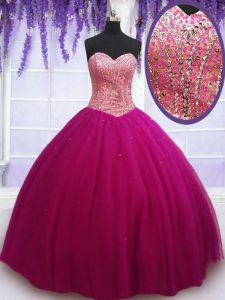 Hot Pink Ball Gowns Tulle Sweetheart Sleeveless Beading Floor Length Lace Up Quinceanera Dresses