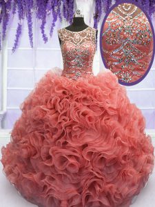 Coral Red Scoop Lace Up Beading and Ruffles Ball Gown Prom Dress Sleeveless
