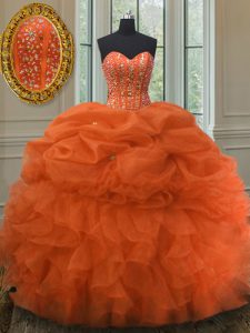 Most Popular Organza Sweetheart Sleeveless Lace Up Beading and Ruffles and Pick Ups Quinceanera Dress in Orange Red
