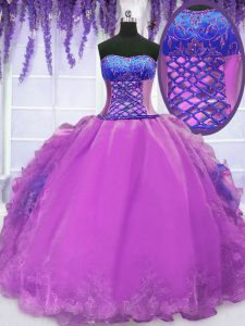 Chic Purple Sleeveless Floor Length Embroidery and Ruffles Lace Up Sweet 16 Quinceanera Dress