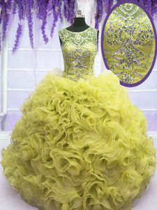 Perfect Scoop Yellow Lace Up Quinceanera Gowns Beading and Ruffles Sleeveless Floor Length