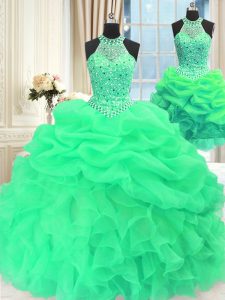 Three Piece Green Lace Up 15 Quinceanera Dress Beading and Pick Ups Sleeveless Floor Length