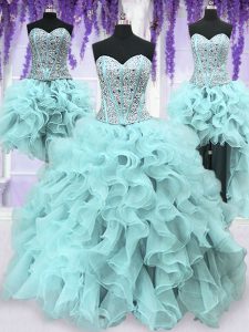 Classical Four Piece Sequins Floor Length Ball Gowns Sleeveless Light Blue 15 Quinceanera Dress Lace Up