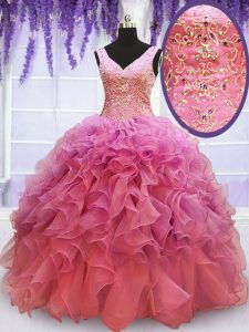 On Sale Floor Length Lace Up Sweet 16 Dress Pink for Prom and Military Ball and Sweet 16 and Quinceanera with Beading and Embroidery and Ruffles