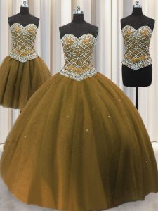 Three Piece Sequins Brown Sleeveless Tulle Lace Up Quinceanera Gowns for Military Ball and Sweet 16 and Quinceanera