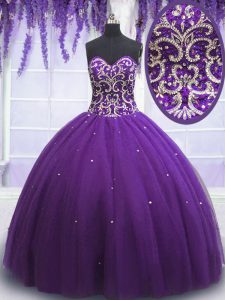 Sumptuous Eggplant Purple Lace Up Sweet 16 Dresses Beading Sleeveless Floor Length