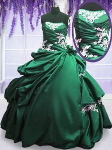 Customized Green and Dark Green Ball Gowns Appliques and Pick Ups Sweet 16 Quinceanera Dress Lace Up Taffeta Sleeveless Floor Length