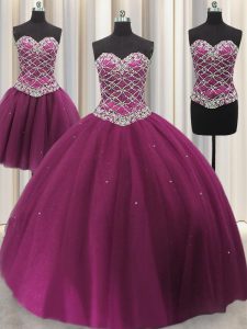 Noble Three Piece Tulle Sweetheart Sleeveless Lace Up Beading and Sequins Quinceanera Gown in Fuchsia