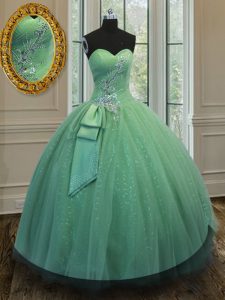 Eye-catching Green Ball Gowns Tulle and Sequined Sweetheart Sleeveless Beading and Ruching and Bowknot Floor Length Lace Up 15 Quinceanera Dress