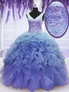 Floor Length Lace Up Quince Ball Gowns Purple for Military Ball and Sweet 16 and Quinceanera with Beading and Embroidery and Ruffles