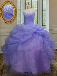 Lavender Sleeveless Embroidery and Pick Ups Floor Length Quince Ball Gowns