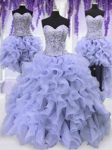 New Style Four Piece Floor Length Lace Up Sweet 16 Dresses Lavender for Military Ball and Sweet 16 and Quinceanera with Ruffles and Sequins