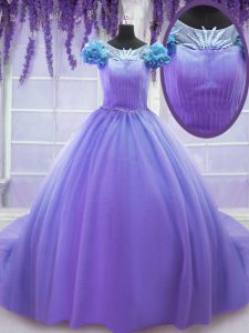 Lavender Tulle Lace Up Scoop Short Sleeves Quinceanera Gown Court Train Hand Made Flower