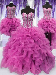 Romantic Four Piece Sequins Lilac Sleeveless Organza Lace Up Ball Gown Prom Dress for Military Ball and Sweet 16 and Quinceanera