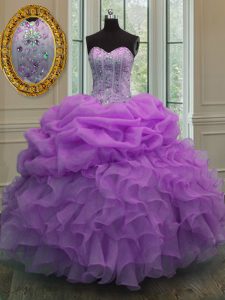 Sleeveless Organza Floor Length Lace Up Sweet 16 Quinceanera Dress in Lilac with Beading and Pick Ups