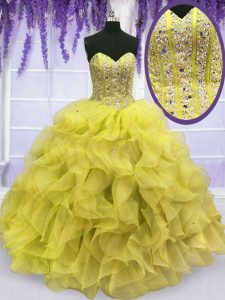 Trendy Yellow Sleeveless Floor Length Beading and Ruffles Lace Up Quinceanera Dresses