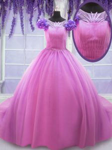 Scoop Rose Pink Lace Up Quinceanera Dresses Hand Made Flower Short Sleeves Floor Length