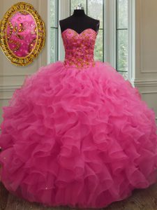 Glittering Floor Length Hot Pink Damas Dress Sweetheart Sleeveless Lace Up