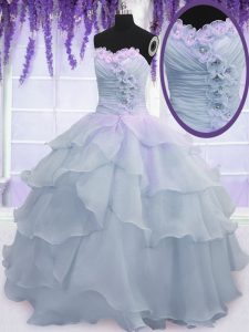 Attractive Light Blue Ball Gowns Sweetheart Sleeveless Organza Floor Length Lace Up Ruffled Layers and Ruching and Hand Made Flower Sweet 16 Quinceanera Dress