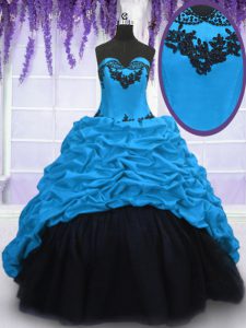New Arrival Blue Ball Gowns Taffeta Sweetheart Sleeveless Appliques and Pick Ups With Train Lace Up Sweet 16 Dress Sweep Train