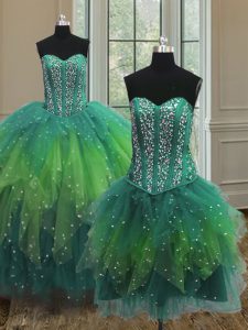 Trendy Three Piece Multi-color Ball Gowns Sweetheart Sleeveless Tulle Floor Length Lace Up Beading Sweet 16 Quinceanera Dress