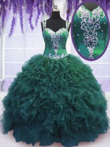 Amazing Straps Sleeveless Tulle Floor Length Zipper Quince Ball Gowns in Dark Green with Beading and Ruffles