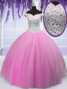 Off the Shoulder Hot Pink Tulle Lace Up Quinceanera Dress Short Sleeves Floor Length Beading