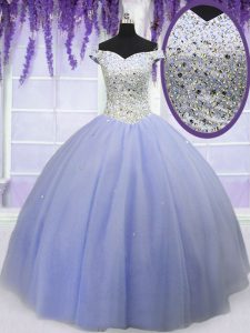 Lavender Tulle Lace Up Off The Shoulder Short Sleeves Floor Length Sweet 16 Dress Beading