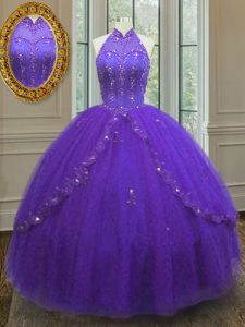 Discount Purple Tulle Lace Up High-neck Sleeveless Floor Length Quinceanera Gown Beading and Appliques