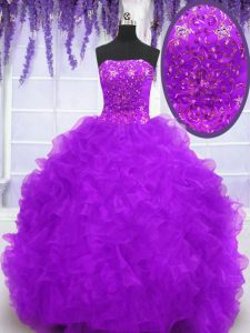 Eggplant Purple Quinceanera Gown Military Ball and Sweet 16 and Quinceanera and For with Beading and Appliques and Ruffles Strapless Sleeveless Brush Train Lace Up