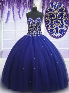 Latest Tulle Sweetheart Sleeveless Lace Up Beading Quince Ball Gowns in Royal Blue