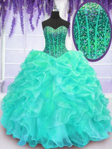 Turquoise Sweetheart Neckline Beading and Ruffles Quinceanera Court of Honor Dress Sleeveless Lace Up