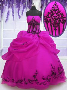 Sweet Fuchsia Sleeveless Floor Length Embroidery and Pick Ups Lace Up 15th Birthday Dress