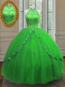 Flirting Tulle Lace Up Quinceanera Dress Sleeveless Floor Length Beading and Appliques