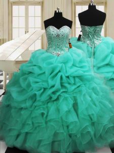 Sweetheart Sleeveless Organza Quince Ball Gowns Beading and Pick Ups Lace Up